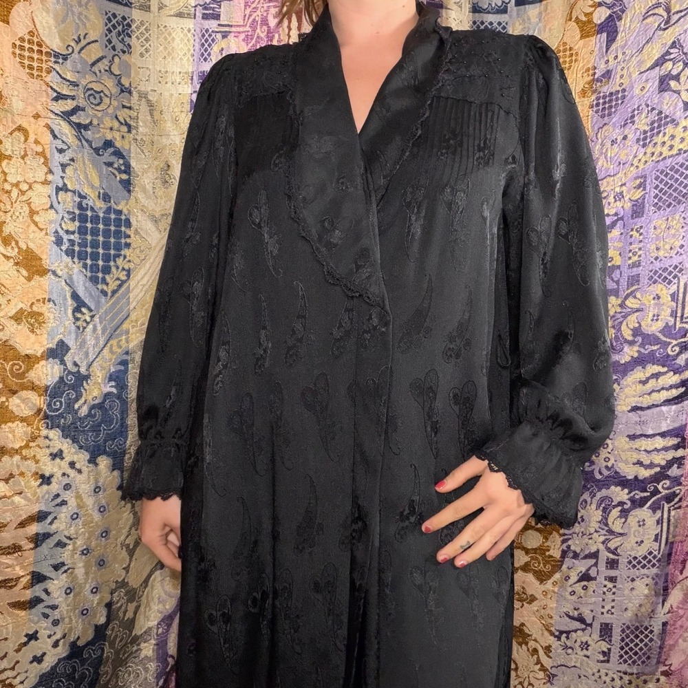 Vintage Dark Romantic Black Beaded Full Length Robe Oversized S